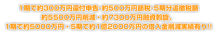 1期で約300万円還付申告･約500万円節税･5期分追徴税額約5500万円削減・約7300万円融資斡旋、1期で約5000万円・5期で約1億2000万円の借入金削減実績有り(令和1年12月現在)
