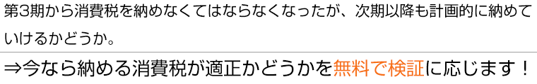 第3期から消費税を納めなくてはならなくなったが、次期以降も計画的に納めていけるかどうか今なら納める消費税が適正かどうかを無料で検証に応じます!